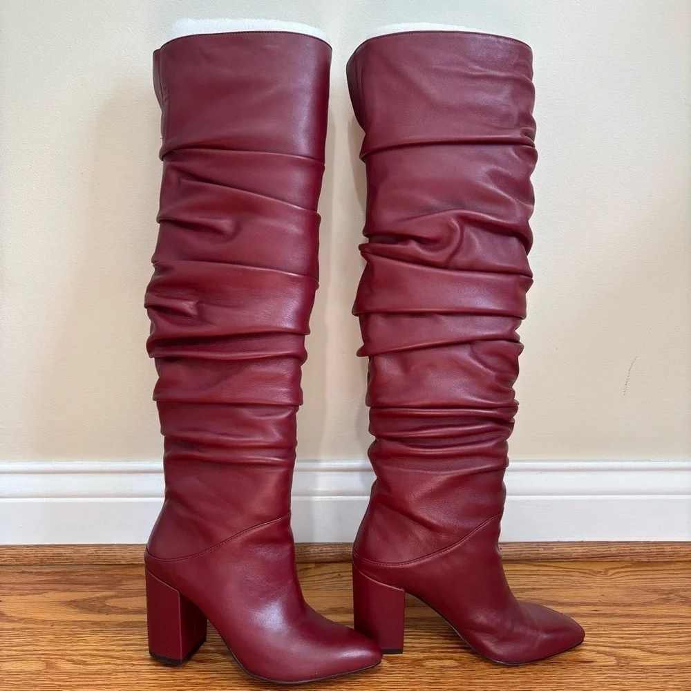 INC International Concepts Tabithaa burgundy Leather Over The Knee Heel Boots 5M